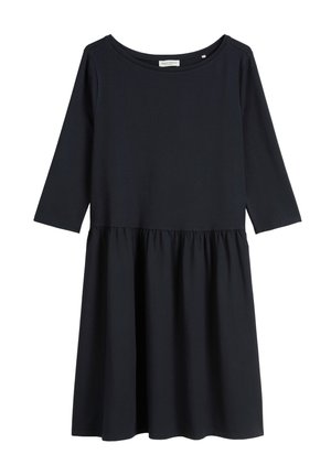 Navy blauwe jurk met lange mouwen, ronde halslijn en een geraffineerde taille. Gemaakt van zachte stof, heeft het een comfortabele pasvorm en een vloeiende rok.