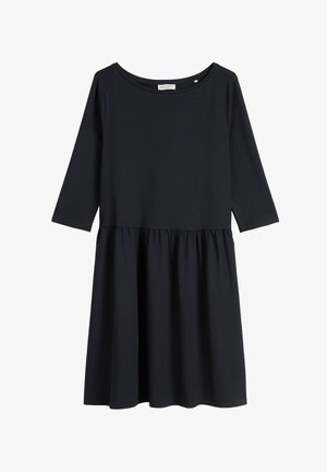 Navy blue dress with long sleeves, scoop neckline, and a gathered waistline. Made of soft fabric, it has a relaxed fit and flowing skirt.