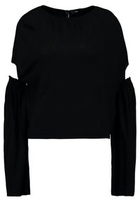 Haut court noir en tissu doux avec manches longues et découpes aux épaules, col rond et détails froncés aux manches.