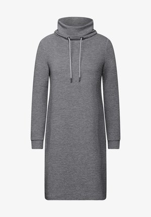 Szara sukienka z długim rękawem, z wysokim, złożonym kołnierzem, akcentami związywania i prążkowaną teksturą, o prostym kroju i z mankietami.