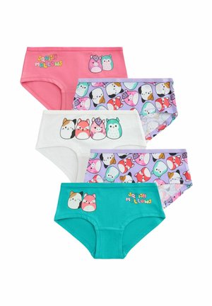 Pięć kolorowych dziecięcych majtek z nadrukami zwierząt i jednorożców oraz napisem „Squish Mallows” na różowej, białej, fioletowej i turkusowej tkaninie.