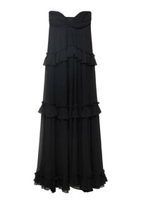 Black strapless maxi dress with layered ruffles and a lightly draped texture. Features a ruched bodice and flowing skirt.