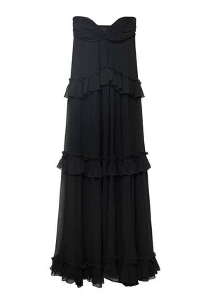 Black strapless maxi dress with layered ruffles and a lightly draped texture. Features a ruched bodice and flowing skirt.