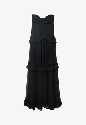Čierne maxi šaty bez ramienok s vrstvenými volánmi a jemne drapovanou textúrou. Obsahujú riasený trup a splývavú sukňu.