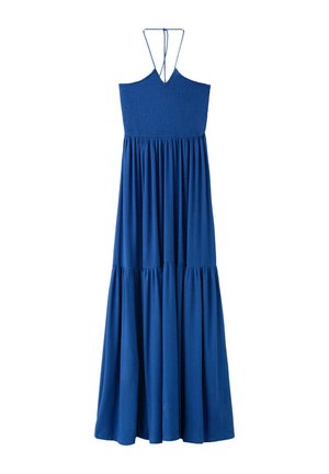 Vestido maxi azul sin mangas con corpiño fruncido y finas tiras cruzadas en la espalda, con una falda fluida con volantes en capas.