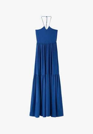 Vestido maxi azul sin mangas con corpiño fruncido y finas tiras cruzadas en la espalda, con una falda fluida con volantes en capas.