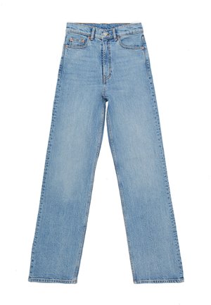 Lichtblauwe denim jeans met een hoge taille, rechte pijpen, voorzien van vijf zakken en een knoopsluiting. Geen zichtbare patronen.