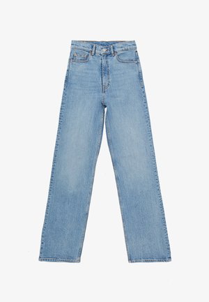 Light blue denim jeans with a high waist, straight leg design, featuring five pockets and a button-fly closure. No visible patterns.