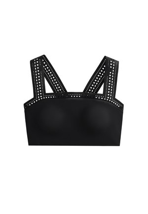 Fekete bralette széles pántokkal, perforált kivágással. Sima anyag és strukturált kialakítás, támogató kosarakkal.