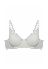 White lace bra featuring padded cups, floral patterns, adjustable straps, and a hook-and-eye closure. Smooth texture with a soft finish.