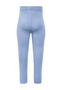 Jasnoniebieskie legginsy wykonane z miękkiej, teksturowanej tkaniny, z wysokim stanem, dopasowanym krojem i obszytymi mankietami na kostkach.