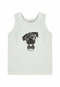 White cotton tank top featuring a cartoon pug design in grey with large, brown eyes, positioned centrally on the front.