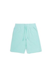 Pantalones cortos de teal claro fabricados con un tejido suave, con una cintura elástica con cordón y bolsillos laterales.