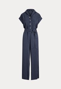 Striped Belted Twill Wide Leg Jumpsuit - Jumpsuit - shadow navy/white