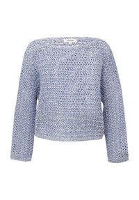 Hellblauer Strickpullover mit lockerem, offener Maschenstruktur, weitem Halsausschnitt und langen Ärmeln mit gerippten Bündchen. Das Etikett trägt "s.Oliver."