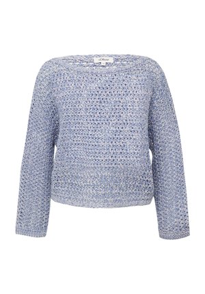 Pull en tricot bleu clair avec un tissage lâche, un col large et des manches longues avec des poignets côtelés. L'étiquette indique "s.Oliver."