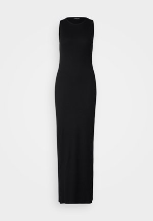 Black sleeveless maxi dress made of smooth, stretchy fabric. Features a round neckline and a fitted silhouette that falls to the ankles.