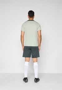 Athletic outfit featuring a light green short-sleeve shirt, dark green shorts, white athletic socks, and black sports shoes.