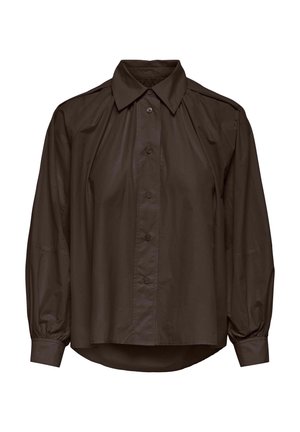 Dark brown button-up shirt featuring a classic collar, long puff sleeves, and a relaxed fit with a rounded hem. Made from smooth fabric.