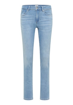 Light blue straight-leg denim jeans with front and back pockets, button closure, and belt loops.