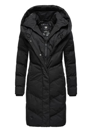 Schwarzer, gesteppter langer Mantel mit Kapuze, der einen Reißverschluss und Druckknöpfe hat. Textil mit einer strukturierten, rautenförmigen Steppung.