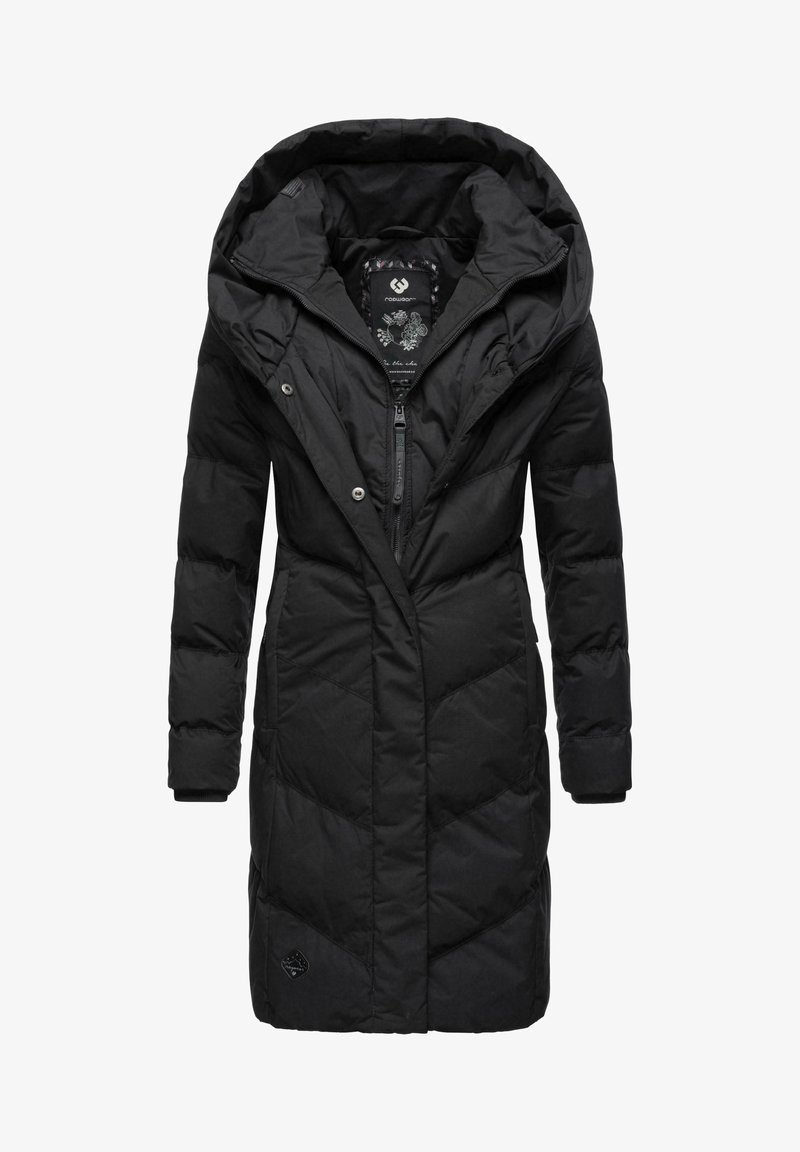 Black quilted long coat with a hood, featuring a zippered front and snap buttons. Textured fabric with diamond-shaped stitching pattern.