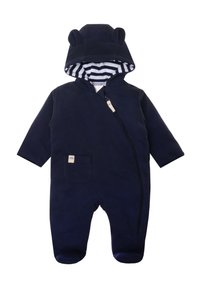 Navyblaues Baby-Overall mit Bärenohren an der Kapuze, gestreiftem Innenfutter, Frontreißverschluss und einer Brusttasche. Weiche Stofftextur.