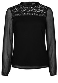 Blouse noire à manches longues avec manches transparentes et haut de la poitrine, ornée de détails en dentelle florale et d'un col montant.