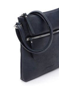 Navy leather handbag with a smooth texture, featuring a single top handle, dual zippered compartments, and a small tassel accent.