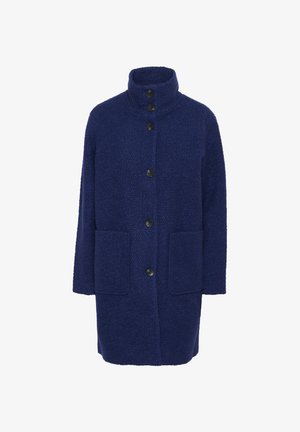 Marineblauer Wollmantel mit hohem Kragen, vier schwarzen Knöpfen und zwei Fronttaschen, ausgestattet mit einem strukturierten Stoff und einem lässigen Schnitt.