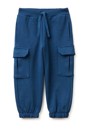 Blauwe cargo joggingbroek met elastische boorden, trekkoord in de taille, zijzakken en klepzakken op beide benen.