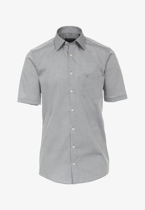 Kurzärmliges Button-Down-Hemd aus hellgrauem Stoff, mit einer Brusttasche und einem klassischen Kragen, ausgestattet mit sechs passenden Knöpfen.