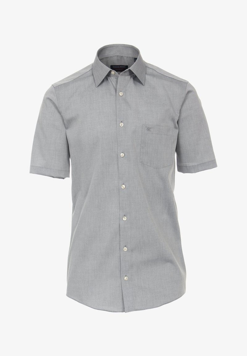 Kurzärmliges Button-Down-Hemd aus hellgrauem Stoff, mit einer Brusttasche und einem klassischen Kragen, ausgestattet mit sechs passenden Knöpfen.