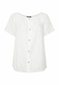 White short-sleeve blouse with a round neckline, featuring a subtle floral pattern, a button front with gold-colored buttons, and a relaxed fit.