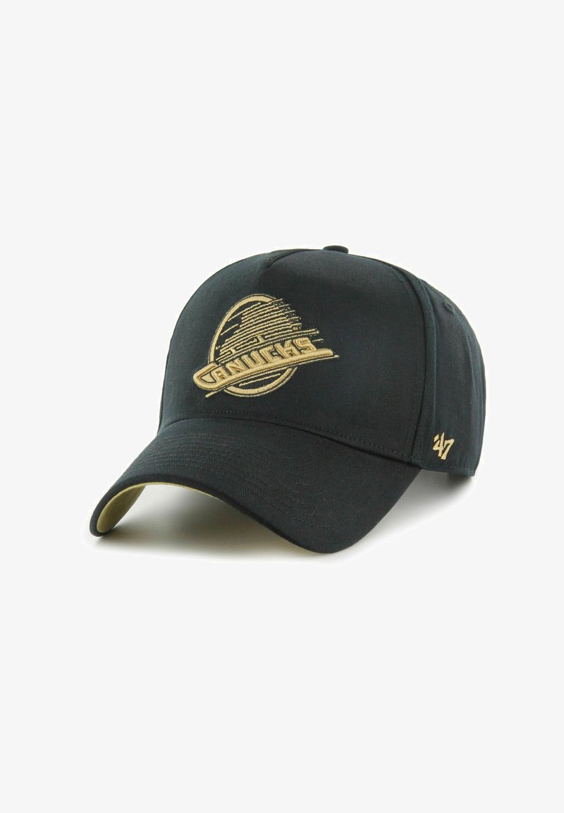 Casquette en coton noire à visière courbée, avec un logo "Canucks" brodé en or et le numéro "47" sur le côté.