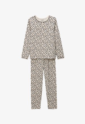 Pyjama à manches longues en tissu doux, avec un fond crème orné d'un motif léopard noir et marron.