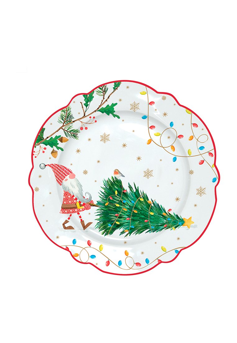 Piatto in ceramica con bordo ondulato, decorato con un design natalizio che presenta Babbo Natale, un albero di Natale e luci colorate su uno sfondo bianco.
