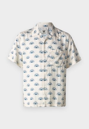 Short-sleeve shirt in cream fabric featuring a blue pattern of stylized eyes with rays, button front, and single chest pocket.