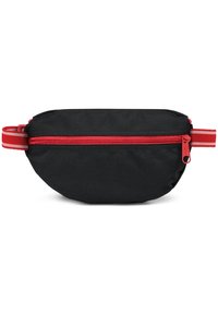 Black fabric waist bag with a rounded shape, featuring a red zipper and striped red and white strap. Textured material with a zip closure.