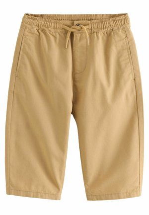 Beige Shorts mit elastischem Bund und Kordelzug, ausgestattet mit zwei Seitentaschen und einer glatten, leichten Stoffstruktur.