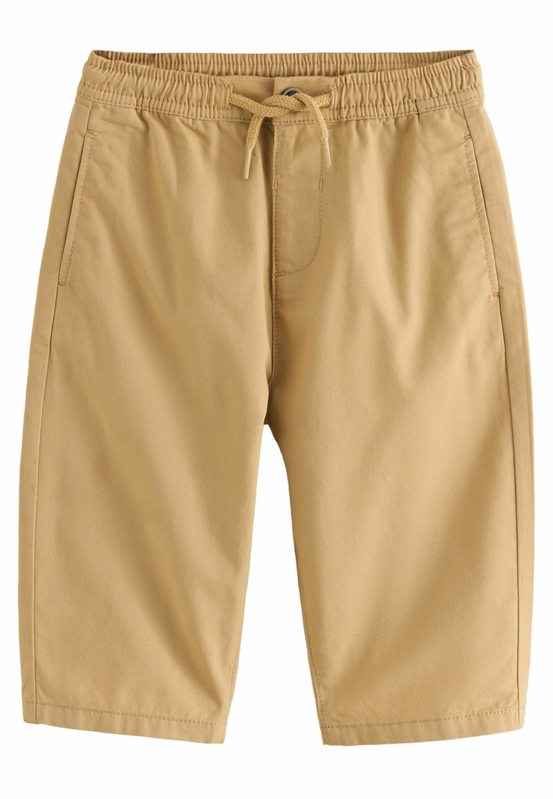 Beige shorts met een elastische tailleband en een trekkoord, voorzien van twee zijzakken en een gladde, lichte stoftextuur.
