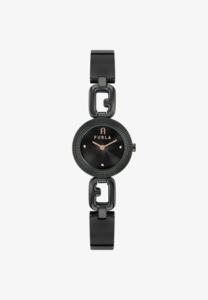 Schwarz Uhr mit einem strukturierten runden Zifferblatt, goldfarbenen Akzenten und einem glänzenden schwarzen Armband mit verlinktem Design für zusätzliche Details.