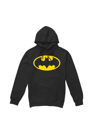Schwarzer Hoodie mit Fronttasche und gelbem Batman-Logo, mittig auf der Brust, dargestellt auf weißem Hintergrund.