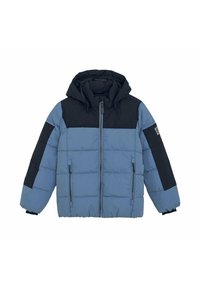 Gepolsterte Jacke in Hellblau und Marineblau. Verfügt über eine Kapuze, einen Frontreißverschluss, zwei Seitentaschen und ein kontrastierendes Panele-Design an Schultern und Ärmeln.