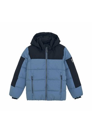 Veste rembourrée en bleu clair et marine. Dispose d'une capuche, d'une fermeture éclair sur le devant, de deux poches latérales et d'un design de panneaux contrastants sur les épaules et les manches.
