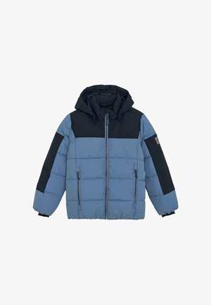Gepolsterte Jacke in Hellblau und Marineblau. Verfügt über eine Kapuze, einen Frontreißverschluss, zwei Seitentaschen und ein kontrastierendes Panele-Design an Schultern und Ärmeln.