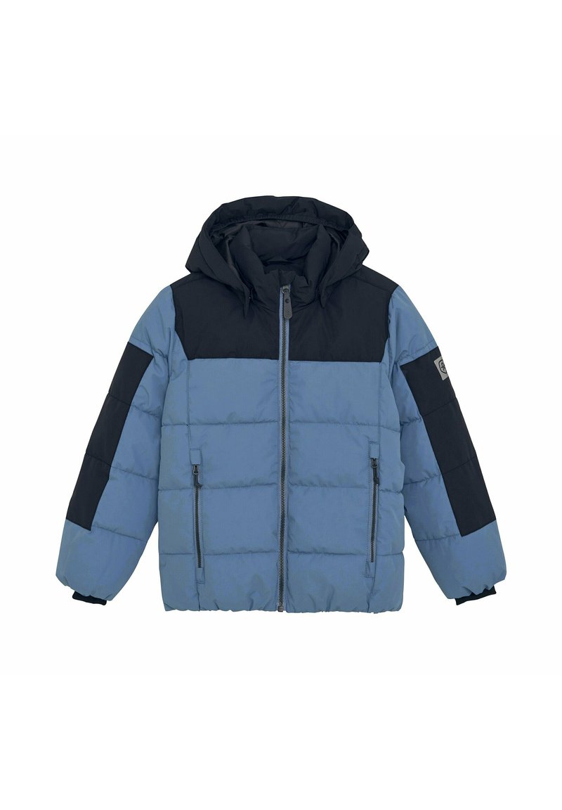Gepolsterte Jacke in Hellblau und Marineblau. Verfügt über eine Kapuze, einen Frontreißverschluss, zwei Seitentaschen und ein kontrastierendes Panele-Design an Schultern und Ärmeln.