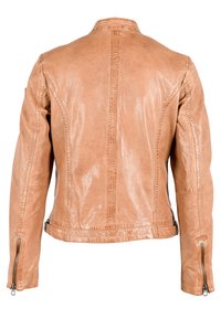 Braune Lederjacke mit glatter Textur, ausgestattet mit einem Stehkragen, genähten Details und Reißverschlussärmeln, die ein tailliertes Design präsentiert.