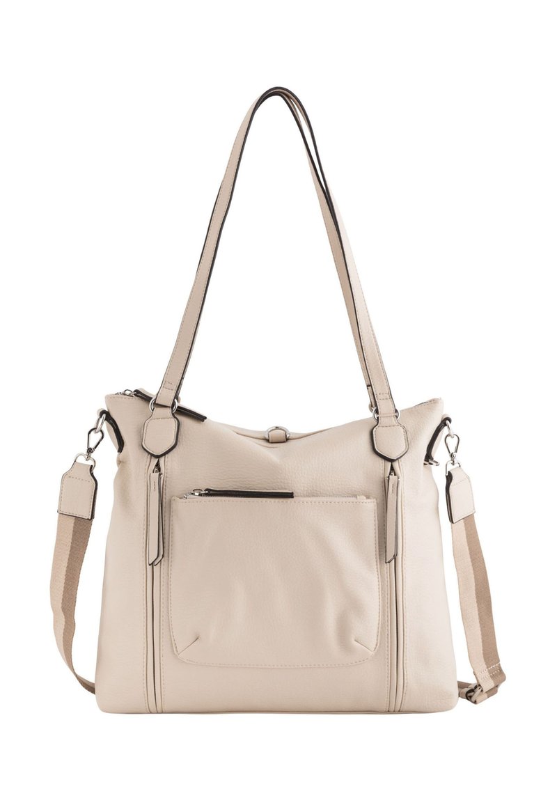 Sac à main en cuir beige avec poignées réglables, fermeture éclair sur le dessus et poche avant. Présente des finitions en métal argenté et des détails cousus.
