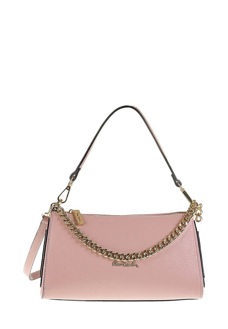 Roze leren handtas met textuur, gouden kettingdetail, gouden logo-tag en een afneembare schouderriem.